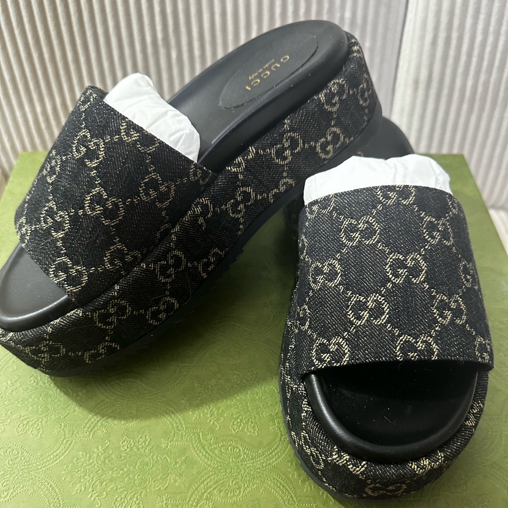 Gucci Black and Gold Patterned Slides - Picture 4 of 7